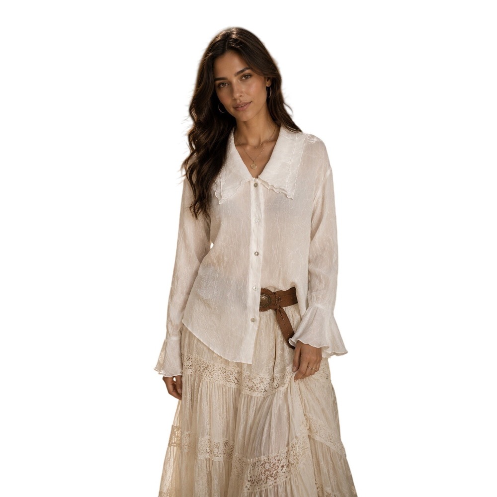 True Beauty Romantic White Crinkle Blouse Sheer Romantic Prairie Boho  20